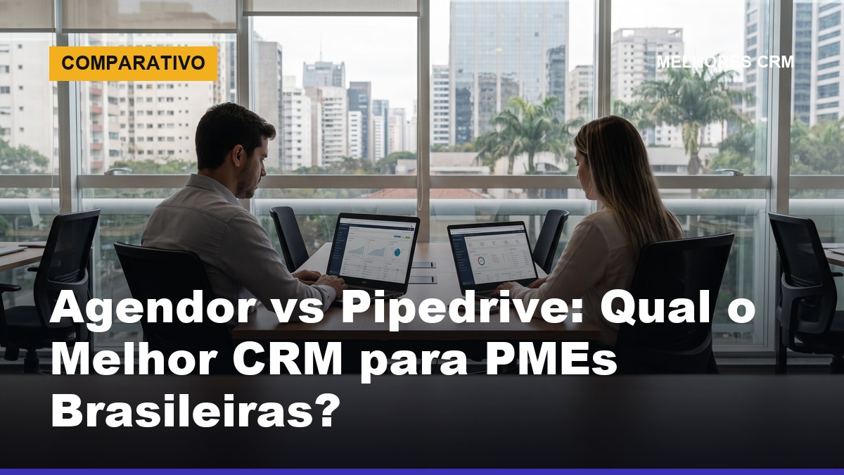 Dois vendedores brasileiros comparando Agendor e Pipedrive em laptops no escritório — qual o melhor CRM para PMEs
