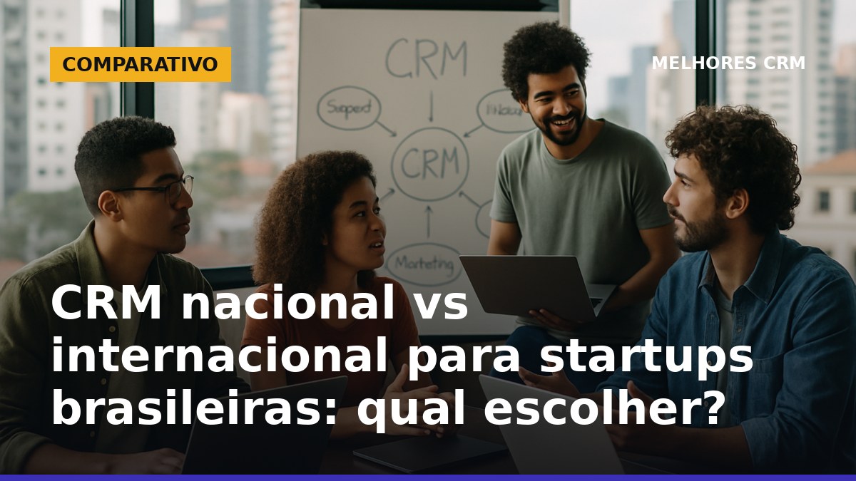 Equipe de startup brasileira analisando opções de CRM nacional e internacional em coworking
