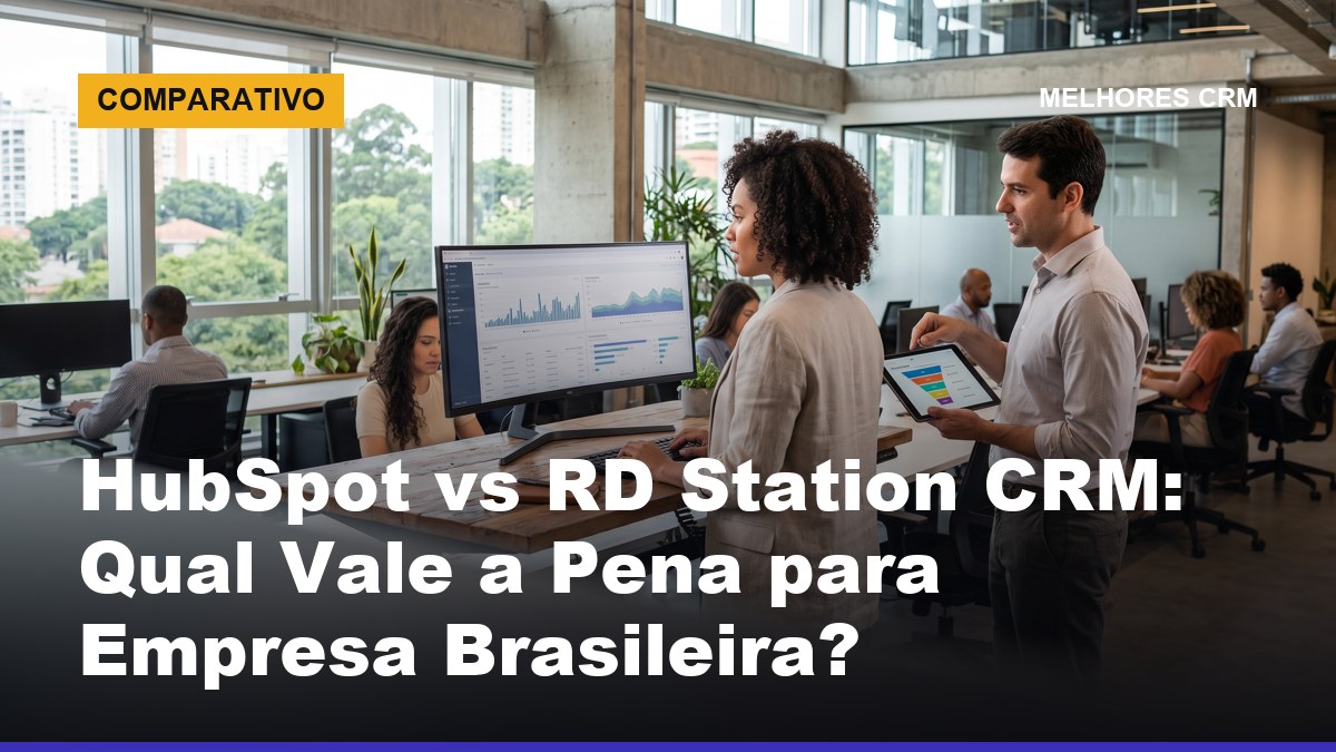 Gestora de marketing analisando comparativo HubSpot vs RD Station CRM em monitor com dashboard de funil de vendas