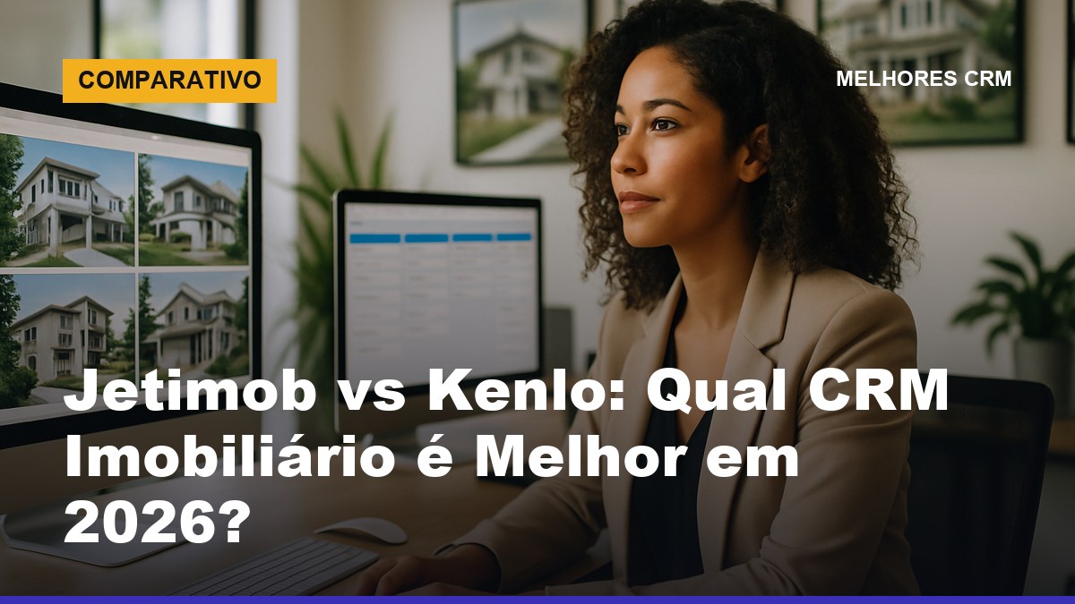 Corretora de imóveis brasileira analisando CRM imobiliário e listagens em escritório moderno