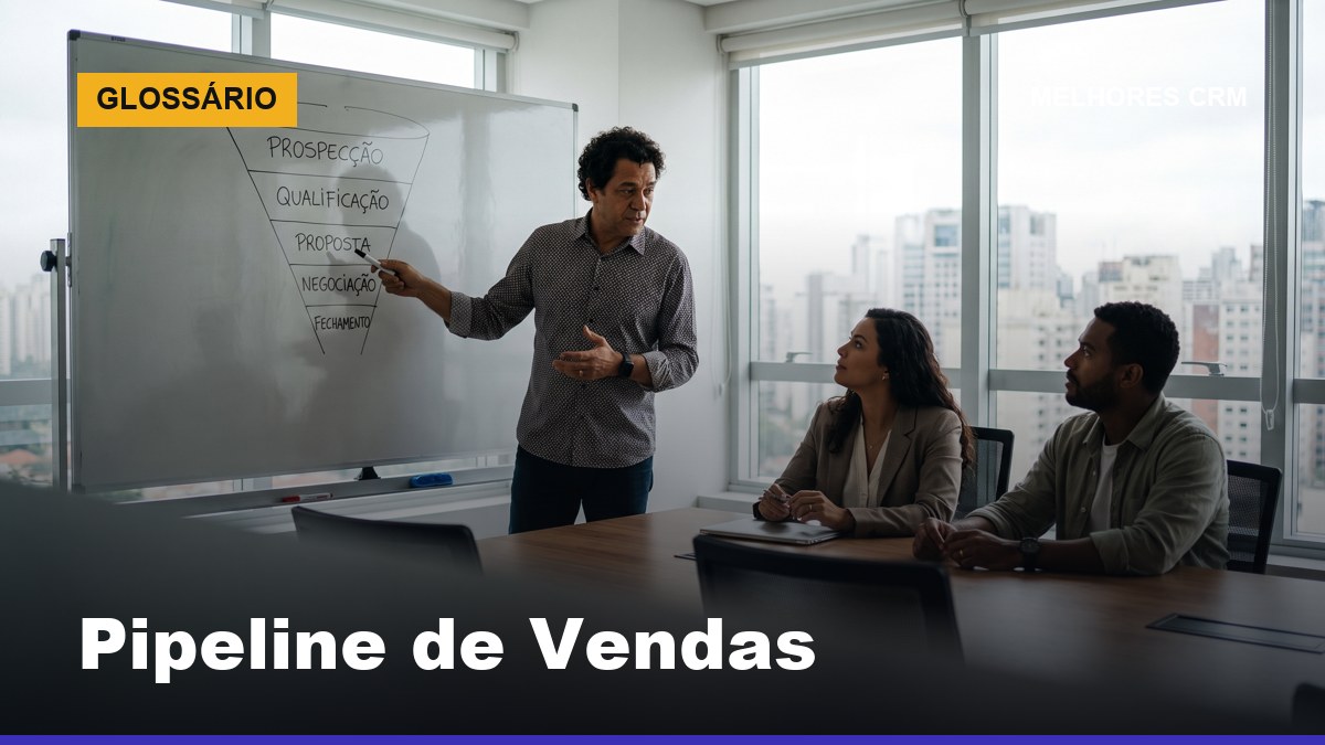 Gerente de vendas explicando pipeline de vendas no quadro branco para equipe comercial em reunião de planejamento