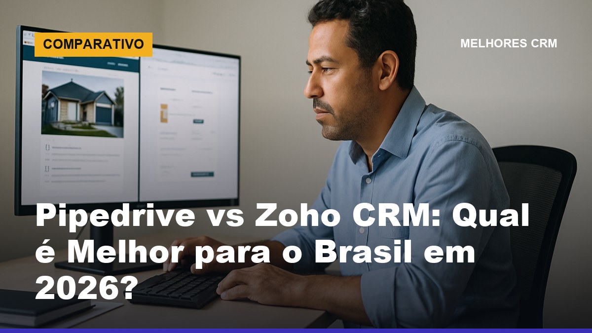 Gerente de vendas brasileiro avaliando duas opções de CRM no monitor em escritório moderno