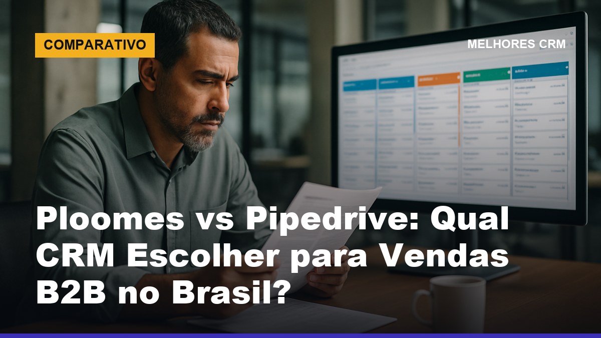 Gerente comercial brasileiro analisando proposta B2B com CRM aberto no monitor de escritório