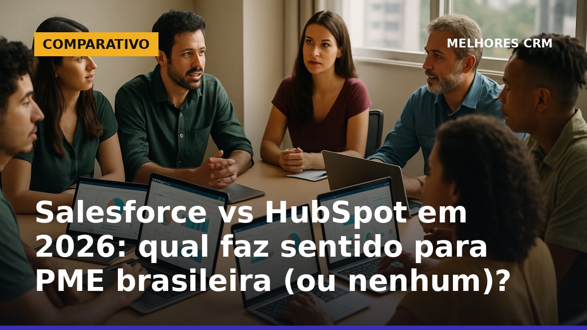 Salesforce vs HubSpot em 2026 para PME brasileira: equipe de vendas avaliando CRM em reunião